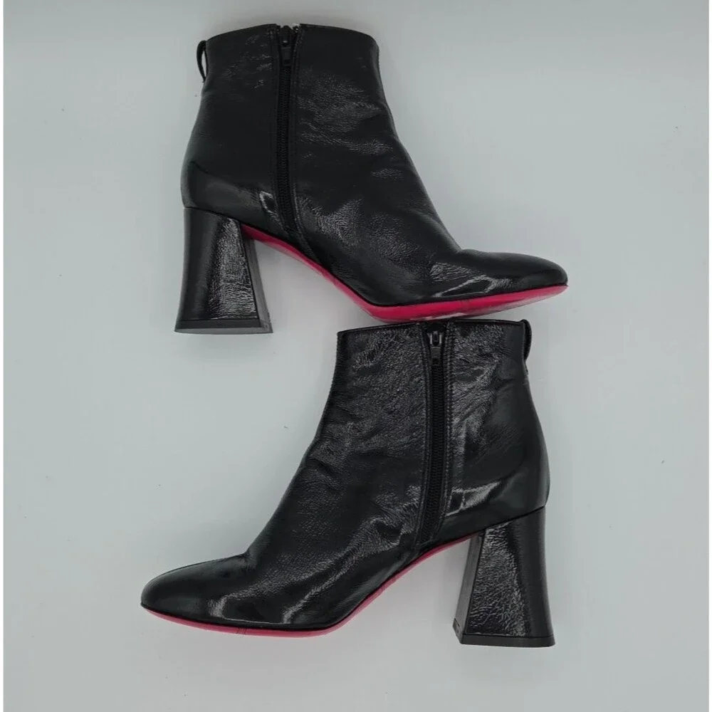 Pinko Womens Size 9 EU 39 Ankle Boots Black Patent Leather Square Heel Side Zip